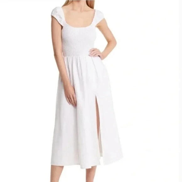 Reformation Tavi 100% Linen White Smocked Ruffle Midi Dress Size Large NWOT - Picture 1 of 10